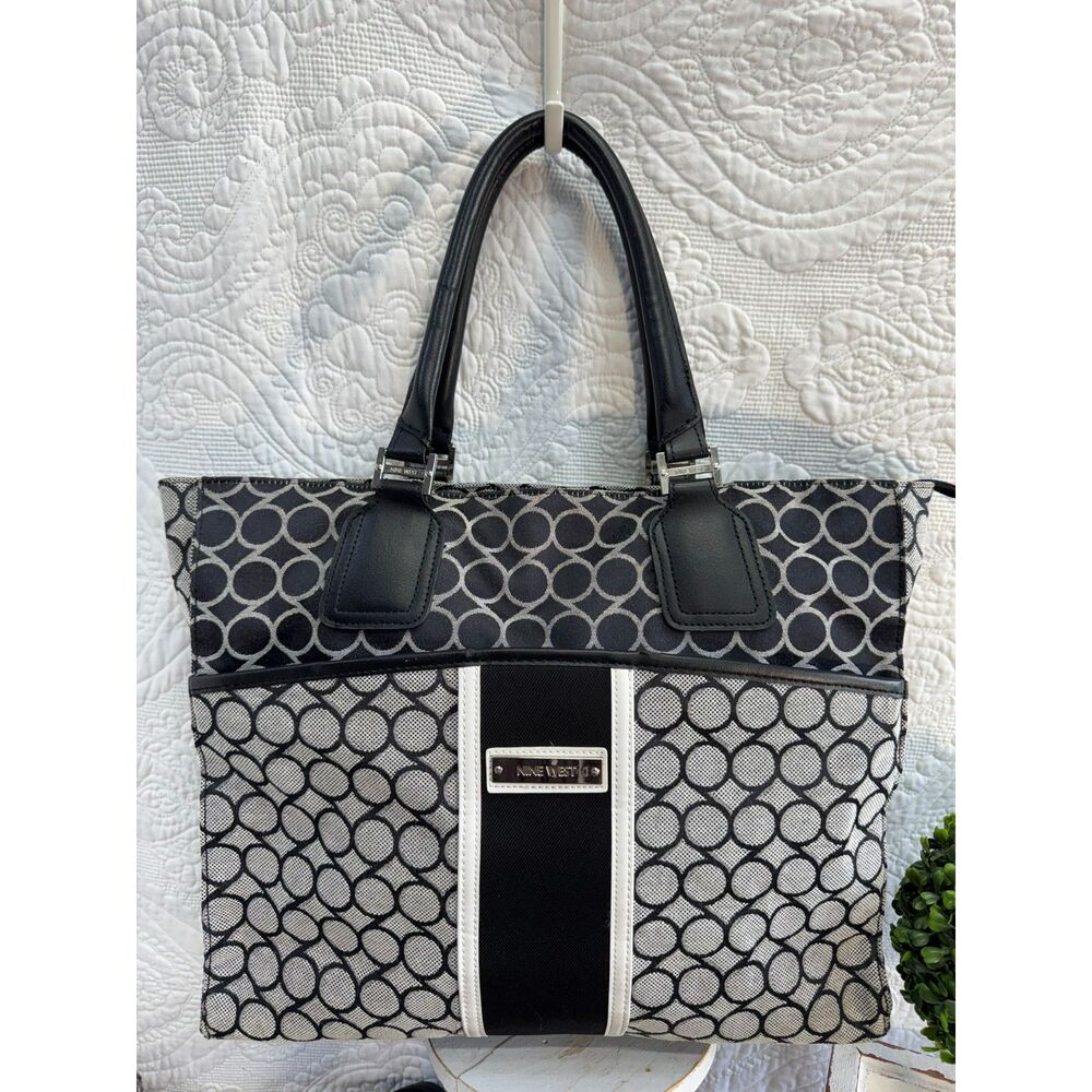 Title: Nine West Black Gray Geometric Print Tote Bag Multi Pocket